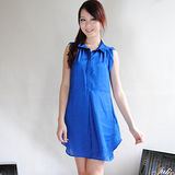 【H&M】歐美風襯衫式無袖絲綢長版連身裙(藍)