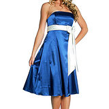 『摩達客』美國進口Landmark無肩帶平口藍色緞面優雅過膝裙派對小禮服/洋裝(含禮盒)