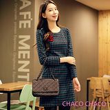 預購【CHACO韓國】簡雅雙色格紋修身長袖洋裝CLDD-O-8*綠色M/L