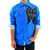 『摩達客』美國進口潮時尚設計【Victorious】十字之翼藍色長袖襯衫