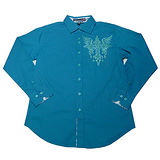 『摩達客』美國進口潮時尚設計【Victorious】翅膀十字圖騰刺繡藍綠色長袖襯衫