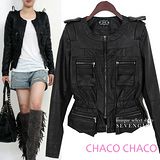 預購【CHACO韓國】軍裝感口袋流蘇造型束腰皮衣外套*黑色M/L