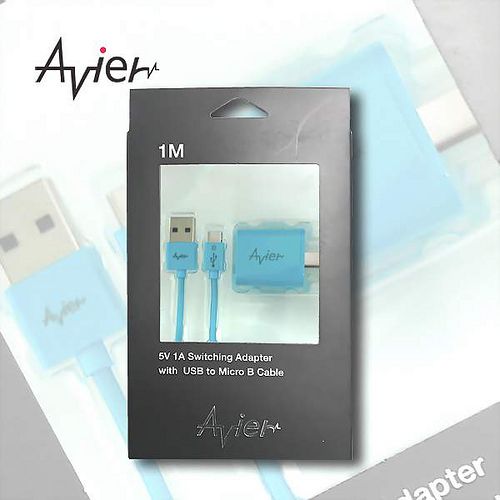 Avier 1A 輸出旅充+USB 充電傳輸線1M 精裝組(北卡藍)