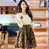 預購【CHACO韓國】典雅珍珠圍領花朵裙擺五分袖洋裝CLEA-O-28(杏白色M/L)