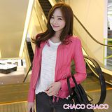 預購【CHACO韓國】搶眼單釦圓領雙拉鍊造型修身長袖短版皮衣外套(粉色M/L)