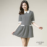 艾之田LOVE FIELD-復古簡約格紋拼接尖領洋裝