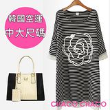 預購【CHACO PLUS】韓製立體茶花配色條紋併接蕾絲短袖長版衫4311(2色L-XL)