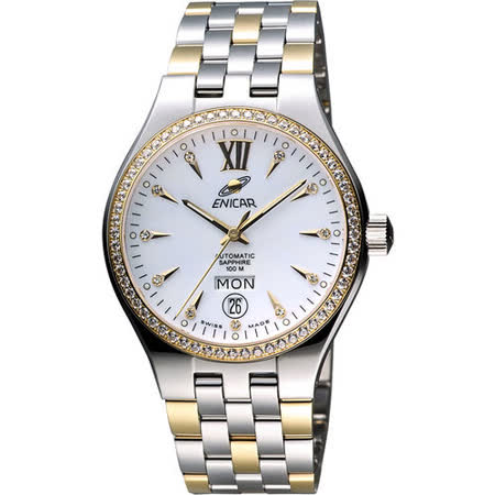 【私心大推】gohappyENICAR 英納格 傳真系列時尚晶鑽機械腕錶-白x雙色版 3168-50-316GS開箱豐原 太平洋