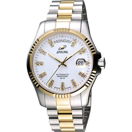 【私心大推】gohappy線上購物ENICAR 英納格 自動系列璀燦晶鑽機械腕錶-白x雙色版 3169-50-330G推薦大 遠 百 logo
