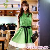 預購【CHACO韓國】排釦式蝴蝶結綁帶配色裙襬無袖連身洋裝CLEB-O-25(綠色M/L)
