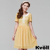 【KVOLL大尺碼】黃色修身撞色印花雪紡洋裝