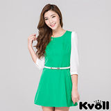 【KVOLL大尺碼】綠色七分袖撞色雪紡洋裝