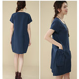 【Maya 名媛】 (中大碼)  薄棉麻大口背袋造型連衣裙 洋裝 連衣裙-藍色