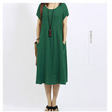【Maya 名媛】 (S~2XL)  棉麻 氣質森風琴褶 連身長裙 洋裝-綠色