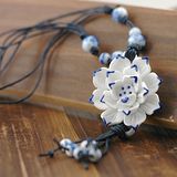 【Maya 名媛】 藍色 中國風格 立體花飾編織繩 飾品 項鏈 毛衣鏈