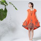 【Maya 名媛】 桔色 (M~XL) 自然棉麻 印象派質感印圖 背面綁帶調整連身洋裝