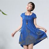 【Maya 名媛】 寶藍色 (M~XL) 自然棉麻 印象派質感印圖 背面綁帶調整連身洋裝