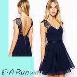 【E . A Runway】性感美背V型蕾絲雪紡洋裝(EA00015)