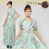 【Maya 名媛】 (s~xl)專櫃名模系列 清新幽綠款 雅致花圖小飛袖連身大圓裙長裙洋裝
