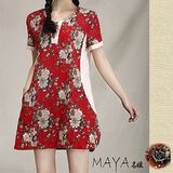 【Maya 名媛】中國紅色 (M~2XL) 自然棉麻料 視覺收腰 大花滿版染印 連身洋裝 短裙