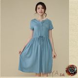 【Maya 名媛】 (S~2XL)【藍色】-夏季棉麻自然風格 連身氣質中長裙洋裝 連衣裙