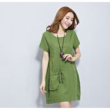 【Maya 名媛】 (中大碼)  薄棉麻大口背袋造型連衣裙 洋裝 連衣裙-草綠色