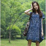 【Maya 名媛】(S~2XL) 藏青古文字款  自然風格棉麻系列 半包袖立體圓型連衣裙