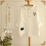 【Maya Collection】小猫長袖薄款棉麻娃娃領開衫上衣