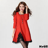 【KVOLL大尺碼】橘紅色蕾絲網紗拼接針織連衣裙
