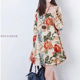 【Maya 名媛】(s~2xl)延燒夏季熱賣款 春秋長袖 棉麻 東方風格 寬袖 立體裙款 杏色大花款