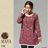 【Maya 名媛】 (m~2xl)春秋 彈性小毛圈 鄉村油畫風格 花葉滿園款 圓領長袖 側略開叉 長版寬鬆 上衣-妍紅底色