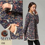 【Maya 名媛】 (m~2xl)春秋 彈性小毛圈 鄉村油畫風格 花葉滿園款 圓領長袖 側略開叉 長版寬鬆 上衣-藏青藍底色