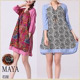 【Maya 名媛】 (m~xl)春秋輕薄棉麻 七分袖 a字型 連衣裙/長版上衣 復古花色系列-藍色/紅色