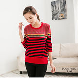 艾之田LOVE FIELD-簡約燙鑽條紋混織7分袖針織衫(紅)