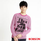BOBSON 男款條紋印圖長袖上衣(桃紅31020-15)