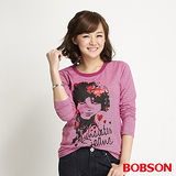 BOBSON 女款條紋印圖長袖上衣(桃紅31072-15)