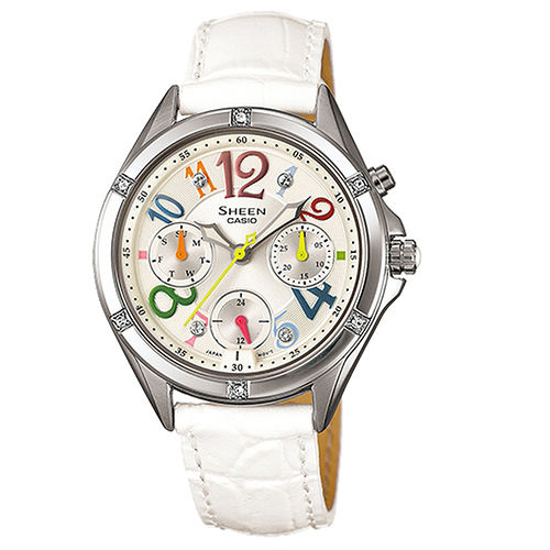 CASIO SHEEN 閃耀霓虹數字晶鑽時尚腕錶-彩色x白皮帶 CASIO SHEEN 閃耀霓虹數字晶鑽時尚腕錶-彩色x白皮帶