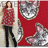 【Maya 名媛】(M~XL)雙層綿紗料 可愛貓咪臉滿版圖款 圓領長袖長版上衣-紅色(現貨加預購)