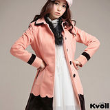 【KVOLL大尺碼】粉色撞色拼接波浪毛呢大衣外套