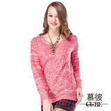 【慕彼】圓領雙色交織套頭毛衣-紅