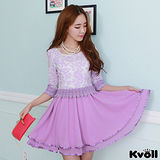 【KVOLL中大尺碼】紫色七分袖蕾絲拼接雪紡連衣裙