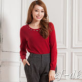 【ef-de】專櫃同步 - 羅紋拼接寶石造型綴領針織長袖上衣-S/M (紅)