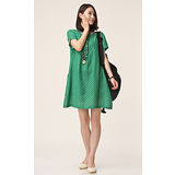 【Maya 名媛】(S~XL)綠色 棉麻料 小方塊混色織布料 高腰連衣洋裝