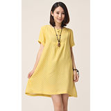 【Maya 名媛】(S~XL)黃色 棉麻料 小方塊混色織布料 高腰連衣洋裝