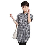 【韓系女衫】(中大碼)  黑白格紋寬鬆短袖長板休閒襯衫