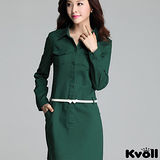 【KVOLL中大尺碼】綠色立領修身OL氣質連衣裙
