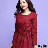 【KVOLL中大尺碼】紅色復古麻棉寬鬆收腰連衣裙