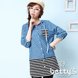 betty’s專櫃款　長版拼接條紋連帽牛仔圓點襯衫(藍色)