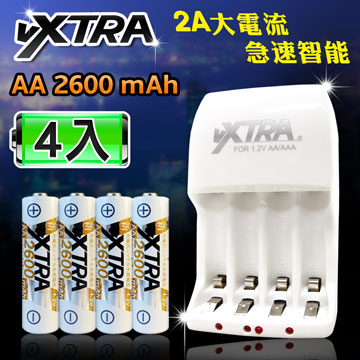 VXTRA 新經濟型2A大電流急速智能充電器+3號高容量2600mAh低自放電池(4顆入)
