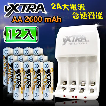 VXTRA 新經濟型2A大電流急速智能充電器+3號高容量2600mAh低自放電池(12顆入)